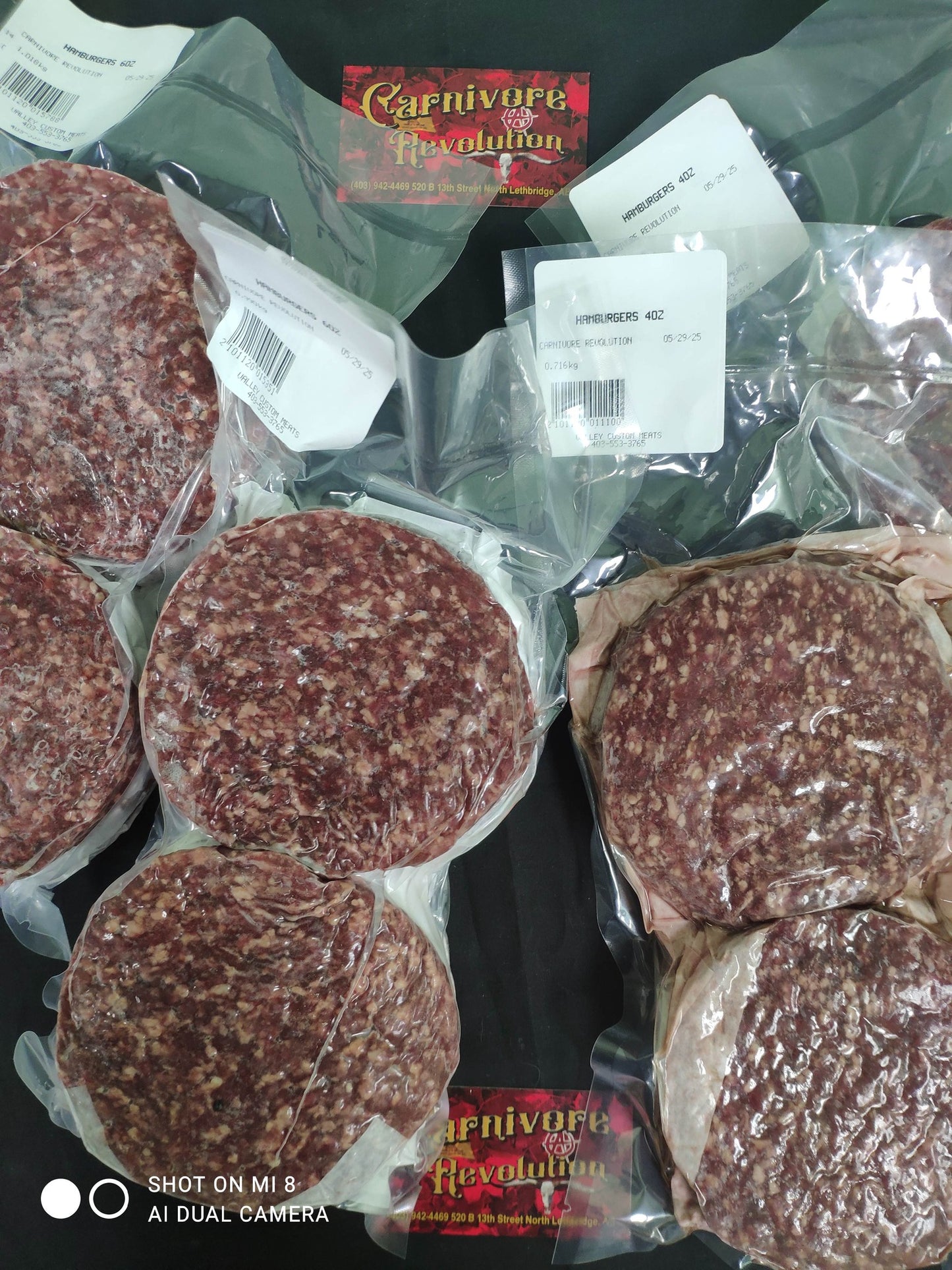 Pasture raised dry aged 4 ounce and 6 ounce burger patties from Southern Alberta.