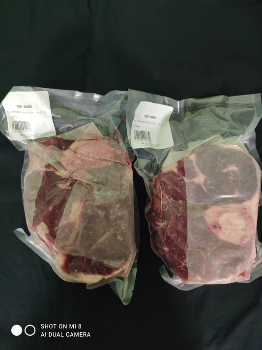 Soup bones for osso buco recipe, dry aged pasture raised from Southern Alberta.