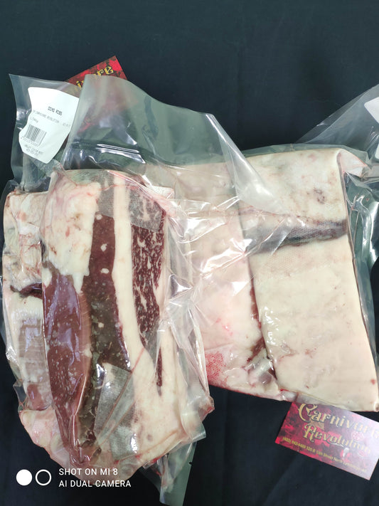 Pasture Raised, Dry Aged Dino Ribs from Southern Alberta Beef.  A hearty meal for anyone on the Carnivore diet.